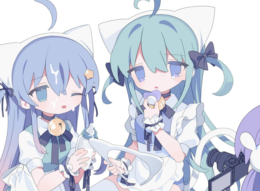 3girls ahoge animal_ears apron baby_bottle bell black_bow black_choker black_ribbon blue_eyes blue_hair bottle bow camcorder camera cat_ears cat_tail choker daizu_(melon-lemon) detached_ahoge fake_animal_ears frilled_apron frilled_wrist_cuffs frills green_hair hair_between_eyes hair_bow hair_ornament hair_ribbon heart heart_ahoge holding holding_bottle holding_camera holding_hairband holding_pacifier jingle_bell long_hair looking_at_viewer milk multiple_girls neck_bell neck_ribbon one_eye_closed open_mouth original out_of_frame pacifier puffy_short_sleeves puffy_sleeves purple_hair rabbit_hair_ornament recording ribbon short_sleeves sidelocks simple_background single_tear sitting straight_hair suggestive_fluid sweat tail two_side_up unworn_hairband upper_body video_camera white_apron white_background wrist_cuffs