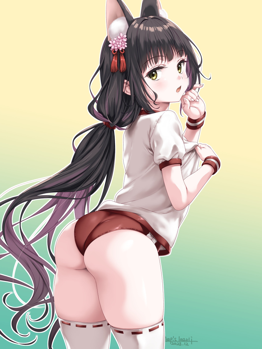 1girl absurdres animal_ear_fluff animal_ears ass azur_lane black_hair brown_eyes buruma flower fox_ears fox_girl from_behind gym_uniform hair_flower hair_ornament hand_on_own_cheek hand_on_own_face highres leaning_forward long_hair looking_at_viewer looking_back nagato_(azur_lane) open_mouth ponytail red_buruma shirt shirt_tug short_sleeves solo thighhighs thighs umyonge_(lkakeu) white_shirt white_thighhighs wrist_cuffs