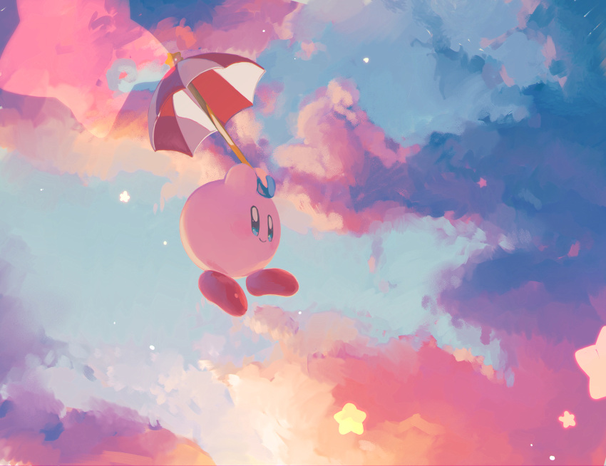 arms_up blue_eyes blue_sky closed_mouth cloud colored_skin commentary_request copy_ability falling highres holding holding_umbrella kananishi kirby kirby_(series) light_blush looking_ahead no_humans outdoors parasol parasol_kirby pink_skin red_footwear red_umbrella shoes sky smile solo star_(symbol) sunset two-tone_umbrella umbrella white_umbrella