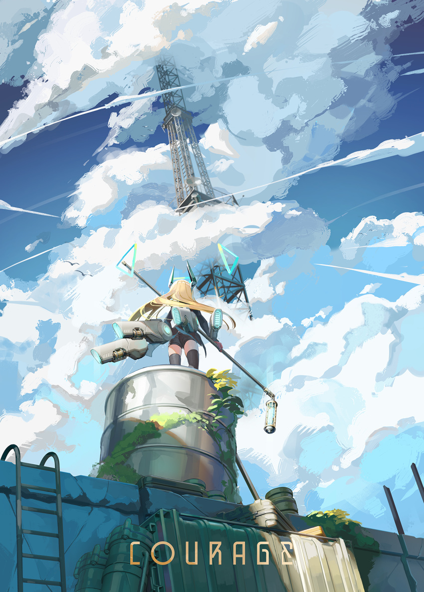 1girl black_shorts black_thighhighs blonde_hair blue_sky cloud cloudy_sky commentary_request day english_text facing_away floating_hair flower from_behind from_below highres holding horns long_hair mecha_musume moss natori_youkai original outdoors satellite_dish short_shorts shorts sky solo standing thighhighs tower very_long_hair yellow_flower