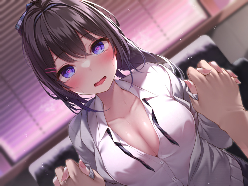 1girl 1other black_hair black_skirt blurry blurry_background blush breasts cardigan chair cleavage collared_shirt commentary_request grey_cardigan hair_ribbon heart heart-shaped_pupils highres interlocked_fingers long_hair long_sleeves looking_at_viewer medium_breasts nail_polish open_mouth original ponytail purple_eyes ribbon saliva shirt sidelocks skirt symbol-shaped_pupils teeth toyosaki_shu upper_teeth_only white_shirt window_blinds