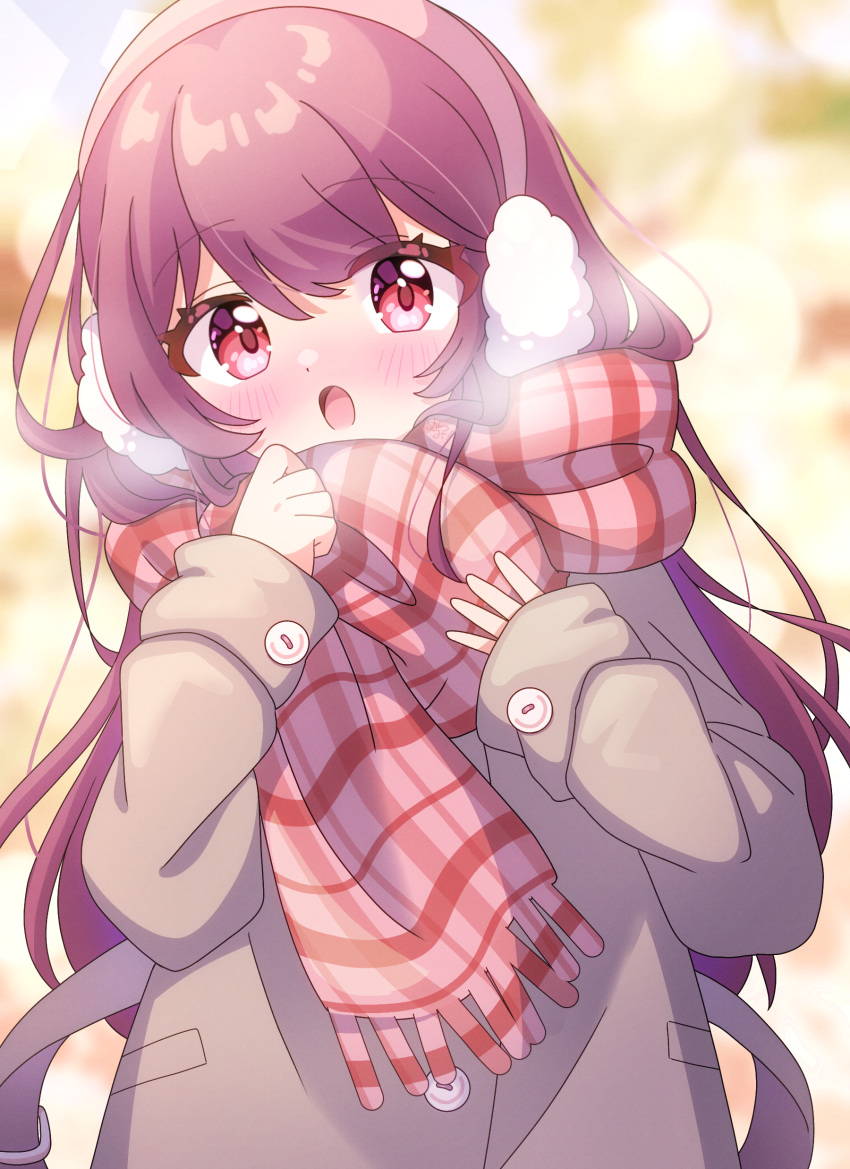 1girl absurdres blurry blurry_background blush brown_coat coat earmuffs enpera highres long_hair long_sleeves looking_at_viewer mmmera827 open_mouth original plaid plaid_scarf purple_hair red_eyes red_scarf scarf solo upper_body winter