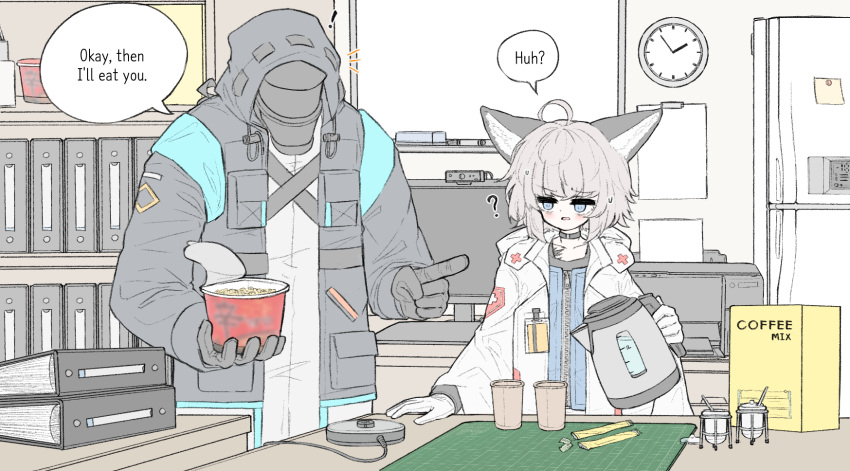1boy 1girl ? animal_ears arknights binder blue_eyes blush clock confused cowlick cup cup_ramen disposable_cup doctor_(arknights) electric_kettle english_text food fox_ears fox_girl grey_hair highres holding holding_food holding_kettle indoors jokebag kettle keyboard_(computer) looking_at_another male_doctor_(arknights) medium_hair monitor open_mouth pointing pointing_at_another printer refrigerator shelf speech_bubble sticky_note sussurro_(arknights) sweat talking wall_clock