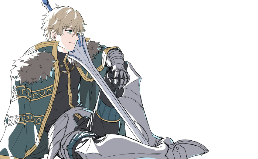 1boy armor blonde_hair blue_cape blue_eyes cape collared_cape excalibur_galatine_(fate) fate/extra fate/grand_order fate_(series) full_body fur-trimmed_cape fur_trim gauntlets gawain_(fate) greaves hair_between_eyes highres knight looking_ahead male_focus pectorals planted planted_sword potato_goril short_hair smile solo sword thick_eyebrows weapon