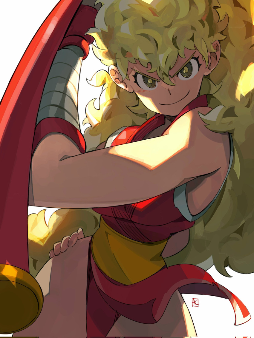 &gt;:) 1girl andrewcockroach blonde_hair breasts corrupted_twitter_file final_fight genryuusai_maki highres holding holding_weapon japanese_clothes kimono medium_breasts obi panties ponytail red_kimono red_panties sash smile street_fighter tonfa underwear v-shaped_eyebrows wavy_hair weapon yellow_eyes