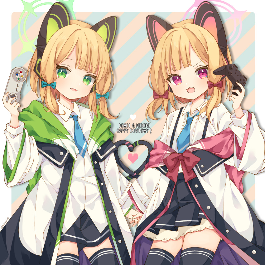 2girls absurdres animal_ear_headphones animal_ears black_skirt black_thighhighs blonde_hair blue_archive blue_bow blue_necktie bow collared_shirt controller fake_animal_ears game_controller green_eyes green_halo hair_bow halo happy_birthday headphones heart highres holding holding_controller holding_game_controller jacket looking_at_viewer midori_(blue_archive) momoi_(blue_archive) multiple_girls necktie open_clothes open_jacket open_mouth pink_halo pleated_skirt red_bow red_eyes saekiya_sabou shirt short_hair siblings sisters skirt smile thighhighs two-sided_fabric two-sided_jacket white_jacket white_shirt