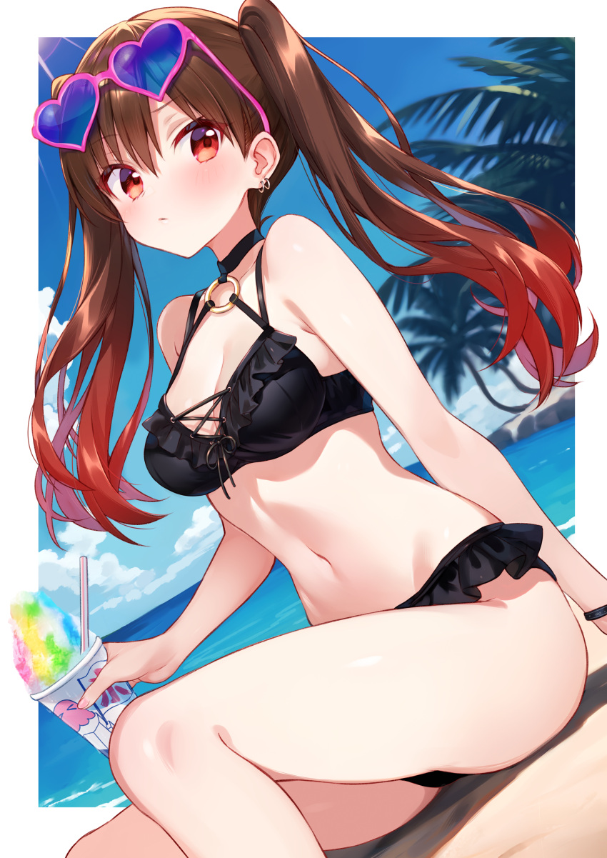 1girl absurdres beach bikini black_bikini blush bocchi_the_rock! border breasts brown_eyes brown_hair commission commissioner_upload dutch_angle earrings feet_out_of_frame food frills frown gradient_hair hair_between_eyes heart heart-shaped_eyewear highres holding holding_food jewelry long_hair long_sleeves looking_at_viewer medium_breasts multicolored_hair navel non-web_source ootsuki_yoyoko open_mouth outline outside_border pink-framed_eyewear red_hair shaved_ice sitting skeb_commission solo sunglasses sushikuugo swimsuit twintails white_border white_outline