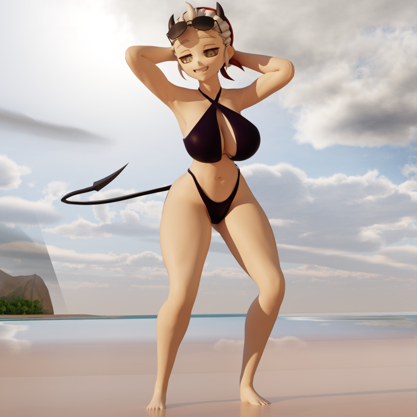 beach big_breasts blender_(software) blender_cycles breasts clothing demon demon_humanoid elitedog eyewear eyewear_on_head female female_focus glasses glasses_on_head helltaker hi_res humanoid justice_(helltaker) posed seaside smile smiling_at_viewer swimwear tail thick_thighs