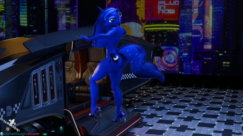 3d_(artwork) 4k absurd_res anthro blender_(disambiguation) blender_(software) car clothing cyberpunk digital_media_(artwork) equid equine female footwear friendship_is_magic hasbro hi_res high_heels horn mammal my_little_pony pornography princess_luna_(mlp) royalsimp vehicle winged_unicorn wings