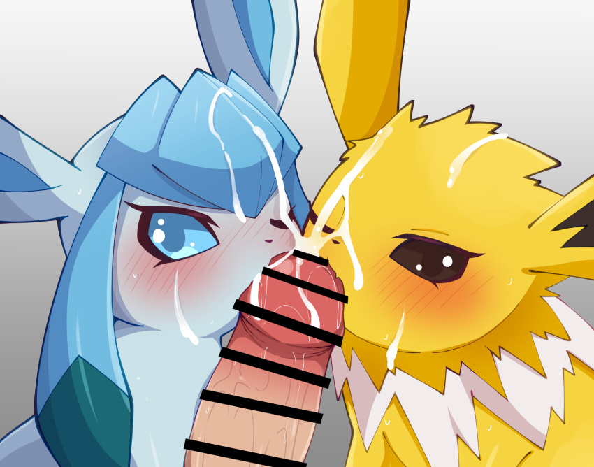 ambiguous_gender blue_body blue_eyes blush bodily_fluids brown_eyes censor_bar cum cum_on_face eeveelution erection feral fur generation_1_pokemon generation_4_pokemon genital_fluids genitals glaceon group hi_res himimi human jolteon male mammal nintendo one_eye_closed penis pokemon pokemon_(species) trio white_body white_fur yellow_body yellow_fur