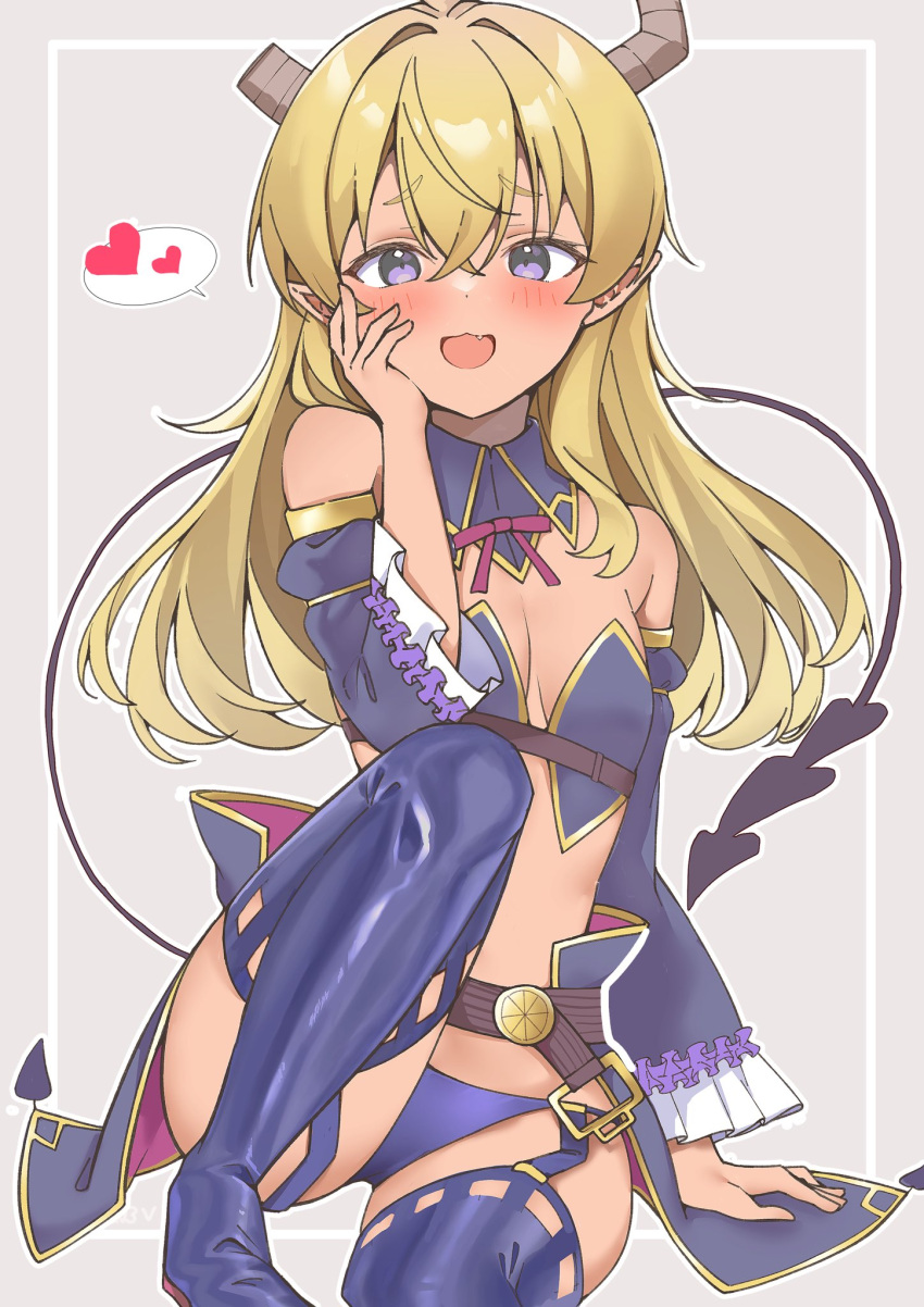 1girl :3 :d arm_at_side bare_shoulders blonde_hair blue_thighhighs blush breasts cleavage commentary crossed_bangs dark-skinned_female dark_skin demon_girl demon_horns demon_tail detached_collar detached_sleeves fang frilled_sleeves frills garter_straps gradient_background hair_between_eyes hand_up heart highres horns knee_up lilith_(machikado_mazoku) long_hair long_sleeves looking_at_viewer lovestruck machikado_mazoku nokia_hiyou open_mouth purple_eyes simple_background sitting small_breasts smile solo spoken_heart tail thighhighs tsurime wide_sleeves