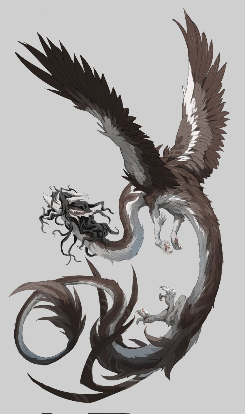 animal_ears animal_focus bird_wings black_hair body_fur brown_fur claws dragon eastern_dragon feathered_wings flying from_side full_body highres horns medium_hair messy_hair monster multiple_horns no_humans original pawpads profile red_eyes spread_wings tail wavy_hair white_fur wings xiaopizi32439