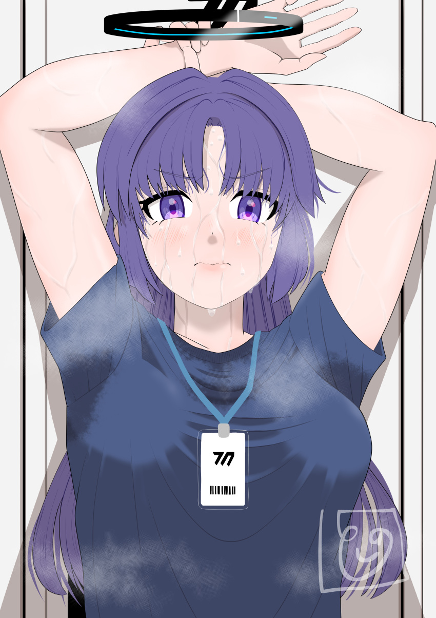 1girl absurdres against_wall arms_up blue_archive blue_shirt blush breasts check_commentary closed_mouth commentary commentary_request do_kusuri frown gym_shirt gym_uniform halo highres holding_own_arm id_card lanyard lips long_bangs long_hair looking_at_viewer mechanical_halo medium_breasts official_alternate_costume purple_eyes purple_hair shadow shirt signature steam steaming_body sweat sweat_stain t-shirt upper_body very_sweaty yuuka_(blue_archive) yuuka_(track)_(blue_archive)