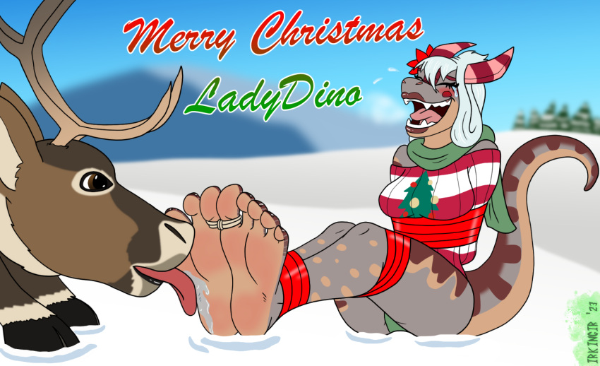5_toes allosaurid allosaurus ankles_tied anthro bdsm bodily_fluids bondage bound christmas christmas_clothing clothing deer dinosaur duo feet female feral foot_fetish foot_lick foot_play hands_behind_back holidays humanoid_feet irkingir lady_dino_(character) licking mammal mountain new_world_deer plant plantigrade reindeer reptile ribbon_bondage ribbons scalie scarf snow tears theropod tickling tickling_feet toes toes_tied tongue tongue_out tree