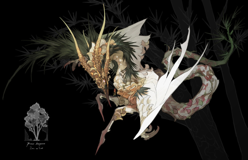 absurdres animal_focus beak black_background blank_eyes branch chinese_commentary commentary_request food from_side fruit full_body highres horns microw monster multiple_horns no_humans original pineapple reference_inset signature solo tree white_wings wings