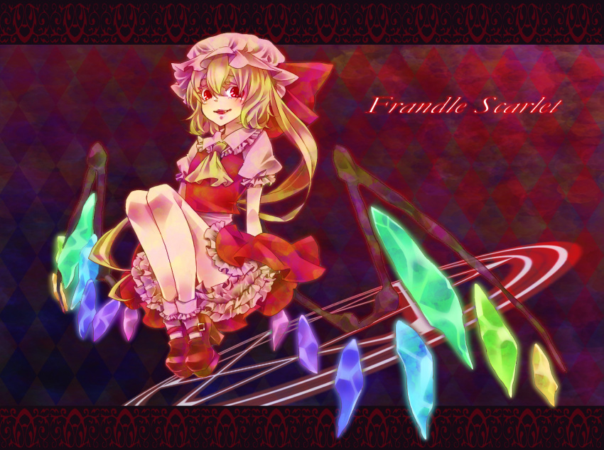 1girl argyle argyle_background ascot blonde_hair bobby_socks character_name collared_shirt crystal flandre_scarlet frilled_shirt_collar frilled_sleeves frills full_body glowing glowing_wings hair_between_eyes high_heels hiyosuke_(ak_love) long_hair looking_at_viewer mary_janes multicolored_wings one_side_up open_mouth petticoat puffy_short_sleeves puffy_sleeves red_background red_eyes red_footwear red_skirt red_vest shirt shoes short_sleeves skirt socks solo touhou vest white_headwear white_shirt white_socks wings yellow_ascot