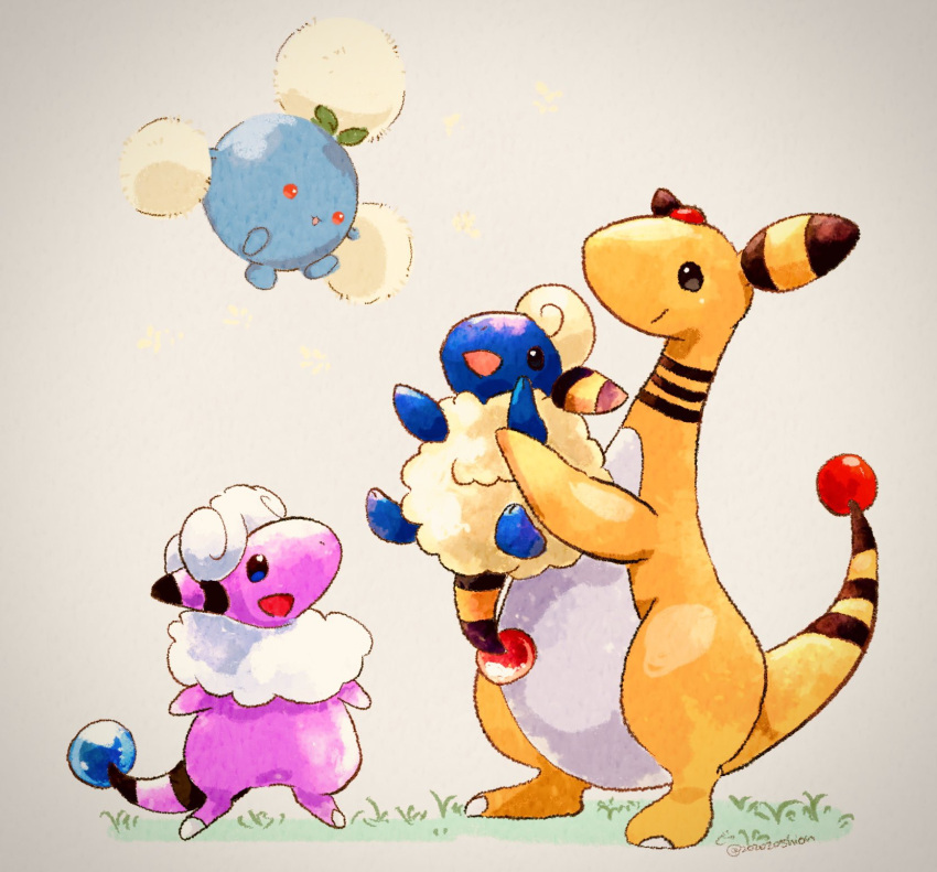 :d ampharos animal_focus artist_name blue_skin colored_skin commentary_request evolutionary_line flaaffy floating highres jumpluff mareep no_humans on_grass orb pink_skin pokemon pokemon_(creature) red_eyes sheep simple_background smile tail twitter_username white_background yellow_skin zozozoshion
