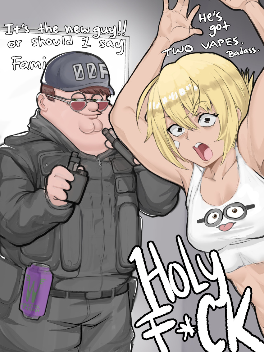 1boy 1girl absurdres blonde_hair brown_eyes brown_hair character_request cleft_chin commission cropped_shirt double_chin electronic_cigarette english_text eri_(uragoner) family_guy fat fat_man glasses green_eyes helm helmet highres kowai_(iamkowai) midriff military_uniform minion_(despicable_me) peter_griffin red-tinted_eyewear round_eyewear second-party_source short_hair sunglasses tinted_eyewear uniform uragoner very_short_hair