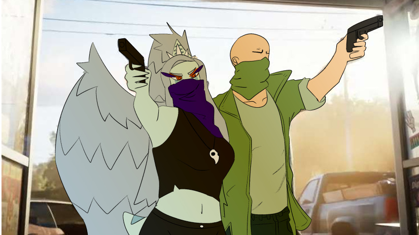 3d_background 5_fingers amber_eyes anon_(snoot_game) anthro bald big_wings bone_frill bottomwear breasts clothed clothing colored crop_top denim denim_bottomwear denim_clothing detailed_background duo eyeshadow face_covered faceless_character faceless_human faceless_male fang_(gvh) feathered_wings feathers female fingers frill_(anatomy) goodbye_volcano_high grand_theft_auto grand_theft_auto_vi green_clothing green_jacket green_shirt green_topwear gun hair halter_top handgun hi_res holding_gun holding_handgun holding_object holding_pistol holding_weapon human jacket jeans jewelry long_hair makeup male mammal navel neckerchief necklace pants pendant pistol pterodactylus pterosaur ranged_weapon reptile rockstar_games scalie screencap screencap_background shirt short_tail silver_hair sincabeza snoot_game spiked_hairband tail topwear weapon wings