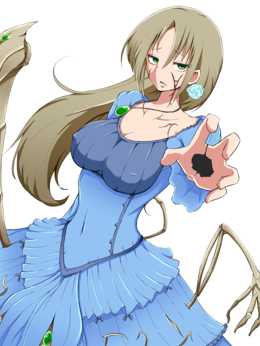 blue_dress breasts cleavage collarbone commentary_request covered_nipples cracked_skin dress earrings empty_eyes extra_arms extra_legs flower_earrings gem green_gemstone highres hole_in_hand jewelry large_breasts light_brown_hair long_sleeves looking_at_viewer mon-musu_quest! mon-musu_quest:_paradox monster_girl mutant necklace outstretched_hand parted_lips partial_commentary raichi_(ddq0246) shesta_(mon-musu_quest!) simple_background white_background