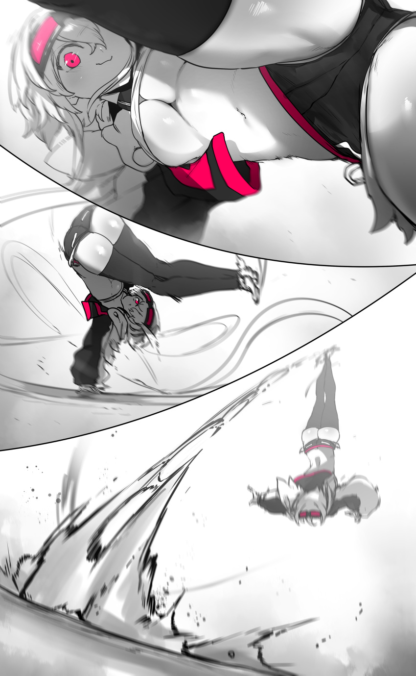 1girl :3 absurdres acrobatics ass black_thighhighs breasts cleavage cropped_jacket curvy goggles goggles_on_head greyscale hair_flowing_over handstand high_jump highres jumping long_bangs long_sleeves medium_breasts midriff monochrome motion_blur motion_lines navel niwamaru_(niwarhythm) niwarhythm one_arm_handstand original pink_eyes pink_trim shiny_skin shockwave short_hair smoke solo spot_color spread_legs thick_thighs thighhighs thighs underboob white_background white_footwear white_hair