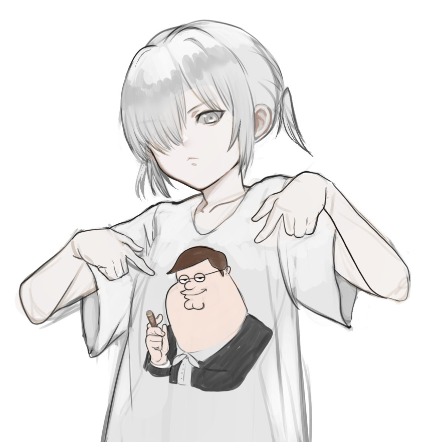 1girl :&lt; closed_mouth family_guy grey_eyes highres kowai_(iamkowai) original peter_griffin pointing pointing_at_self print_shirt shirt short_twintails simple_background solo twintails white_hair white_shirt