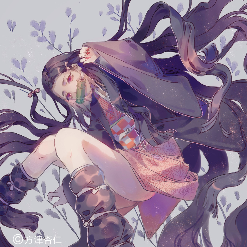 1girl absurdly_long_hair artist_name bamboo black_hair black_jacket black_leg_warmers black_sleeves bow bow_legwear checkered_sash claw_pose eyelashes feet_out_of_frame fingernails grey_background hair_bow hair_spread_out haori highres jacket japanese_clothes kamado_nezuko kimetsu_no_yaiba kimono leaf leaf_background long_hair long_sleeves looking_at_viewer muzzle obi open_clothes open_jacket pink_bow pink_eyes pink_kimono pink_nails red_sash sash sharp_fingernails short_kimono solo two-tone_sash very_long_hair white_bow white_sash wide_sleeves yanmian_(printemps-noir)