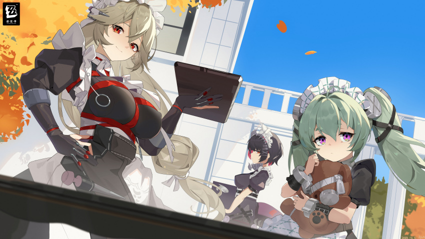 3girls absurdres alexandrina_sebastiane black_hair blonde_hair breasts closed_mouth commentary_request corin_wickes ellen_joe gloves green_hair hair_between_eyes hair_ornament hairclip highres large_breasts long_hair looking_at_viewer lqk_(pixiv_40481191) maid maid_headdress multicolored_hair multiple_girls purple_eyes red_eyes red_hair short_hair sky smile stuffed_animal stuffed_toy twintails two-tone_hair zenless_zone_zero