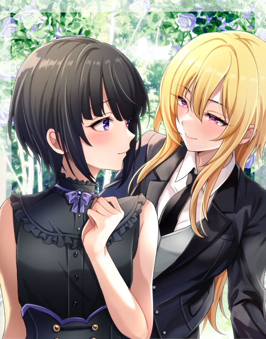 2girls absurdres black_corset black_hair black_jacket black_necktie black_shirt blonde_hair blush breasts butler corset eye_contact female_butler flower half-closed_eyes highres idolmaster idolmaster_cinderella_girls jacket kurosaki_chitose light_smile long_hair looking_at_another medium_breasts multiple_girls necktie popon_ta purple_eyes purple_flower purple_rose red_eyes rose shirayuki_chiyo shirt short_hair sidelocks upper_body very_long_hair