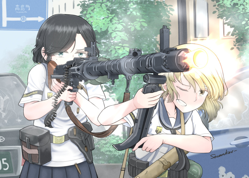 2girls absurdres bipod black_hair black_sailor_collar black_skirt blonde_hair broken_glass car clenched_teeth clothes_writing commentary_request day firing glass green_eyes gun highres holding holding_gun holding_weapon machine_gun mg34 mole mole_under_eye motor_vehicle multiple_girls muzzle_flash one_eye_closed original outdoors pleated_skirt sailor_collar savankov school_uniform serafuku shirt short_sleeves signature skirt teeth tree weapon white_shirt