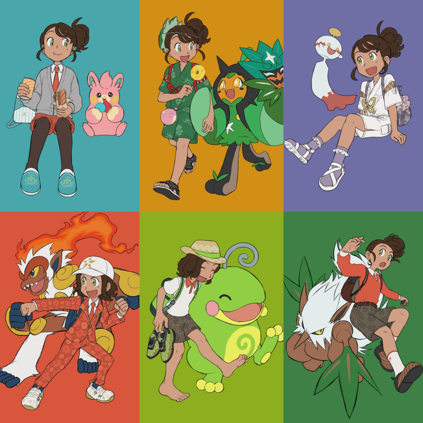 1girl :d :t barefoot brown_hair cardigan chimecho closed_mouth collared_shirt commentary_request eating elizabeth_(tomas21) food green_eyes green_shirt green_shorts grey_cardigan grey_socks hat highres holding holding_shoes infernape jacket juliana_(pokemon) multiple_views ogerpon open_mouth orange_jacket orange_pants orange_shorts pants pantyhose pawmi pokemon pokemon_(creature) pokemon_sv politoed sandals shiftry shirt shoes short_sleeves shorts sitting smile socks toes white_footwear white_headwear white_shirt white_shorts zipper_pull_tab