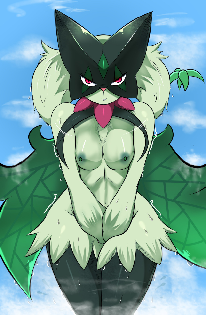 absurd_res anthro breasts cape clothing cloud dripping_wet facial_markings female front_view fur generation_9_pokemon green_body green_fur green_nipples head_markings hi_res markings mask mask_(marking) medium_breasts meowscarada multicolored_body nintendo nipples pokemon pokemon_(species) solo zerrymon