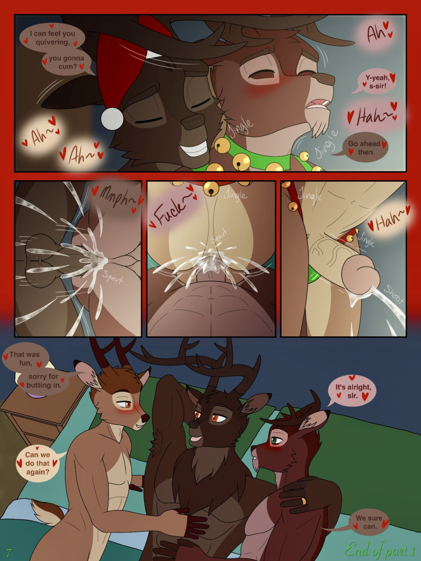 anal anal_penetration anthro antlers anus bambi bambi_(film) bell bell_collar bell_harness big_penis blurred_background blush bodily_fluids brown_body brown_eyes brown_fur brown_hair butt christmas clothed clothing collar comic costume cum cum_in_ass cum_inside cumshot deer dialogue digital_media_(artwork) disney dustin_c ejaculating_while_penetrated ejaculation ejaculation_while_penetrated english_text erection father_(lore) fur genital_fluids genitals green_eyes group hair harness hi_res holidays horn jingle_bell jingle_bell_collar jingle_bell_harness leash looking_at_viewer male male/male male_penetrated male_penetrating male_penetrating_male mammal motion_lines nude open_mouth parent_(lore) penetration penis red_nose ronno santa_costume scut_tail sex short_tail shush smile speech_bubble tail text the_great_prince_of_the_forest tongue topwear trio