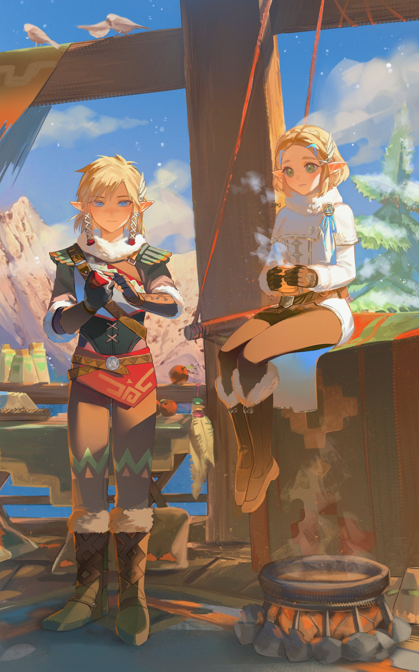 1boy 1girl :d absurdres apple armor belt belt_pouch bird blonde_hair blue_eyes blue_sky bob_cut boots braid braided_sidelock brown_pants cloud cooking_pot cup duoj_ji fingerless_gloves food fruit full_body fur-trimmed_boots fur-trimmed_gloves fur-trimmed_sleeves fur_collar fur_trim gloves green_eyes hair_ornament highres holding holding_cup holding_food holding_fruit holding_knife knife link long_sleeves mountain open_mouth outdoors pants parted_bangs pointy_ears pouch princess_zelda rug shirt shoulder_armor sidelocks sitting skinning sky smile snowing snowquill_set_(zelda) steam the_legend_of_zelda the_legend_of_zelda:_tears_of_the_kingdom tree triforce white_shirt winter_clothes wooden_beam wooden_floor