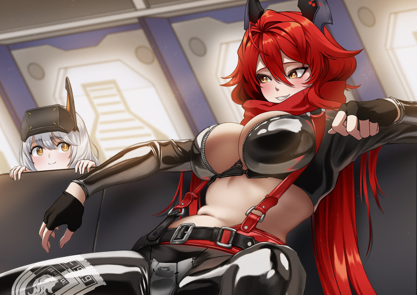 2girls ahoge belt black_belt black_gloves black_jacket black_pants blush breasts cleavage closed_mouth commentary couch cropped_jacket crotch_plate elbow_rest fingerless_gloves gloves goddess_of_victory:_nikke grin hair_between_eyes head-mounted_display highres horns indoors jacket kuremon large_breasts leather leather_jacket leather_pants long_hair long_sleeves looking_at_another mechanical_horns midriff multiple_girls navel on_couch pants red_hair red_hood_(nikke) red_scarf scarf sidelocks sitting smile snow_white:_innocent_days_(nikke) snow_white_(nikke) suspenders teeth unzipped white_hair yellow_eyes