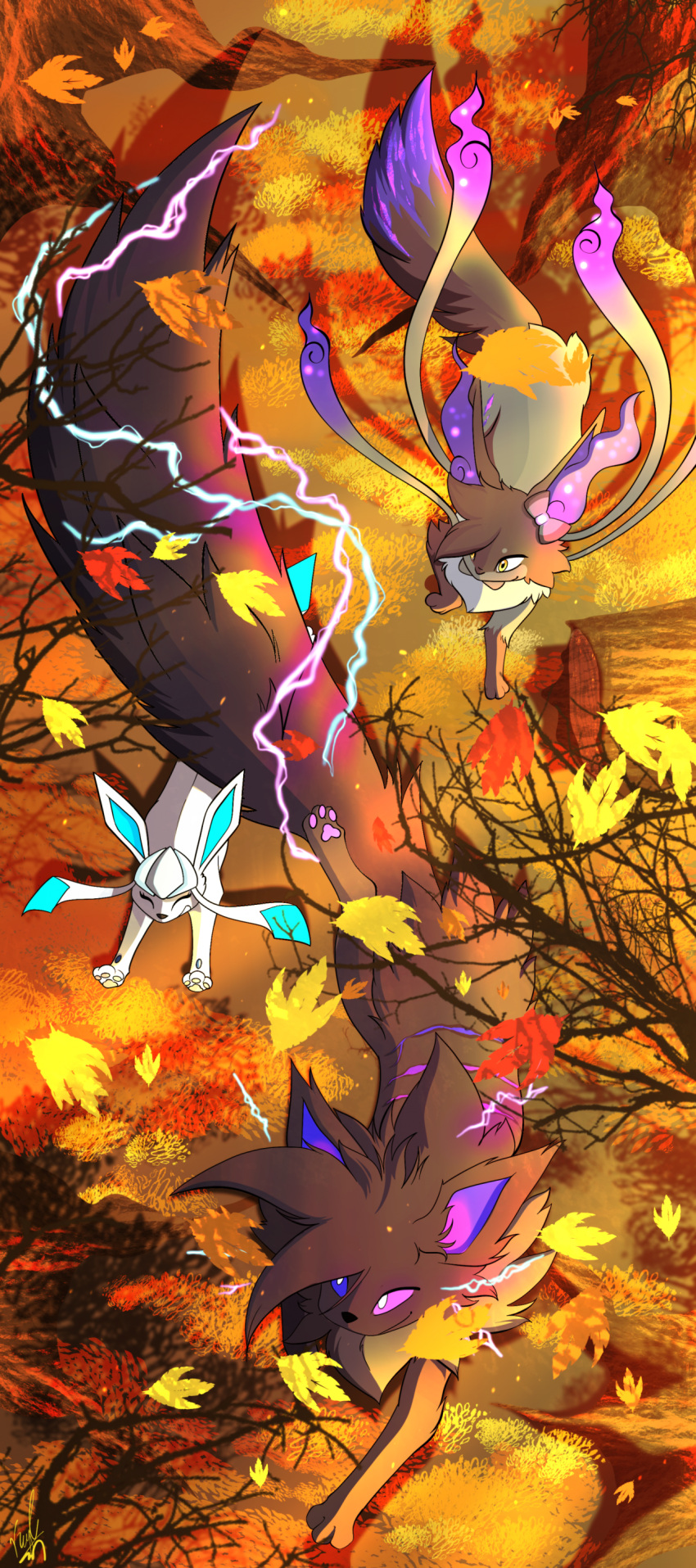 absurd_res ambiguous_gender autumn autumn_leaves big_tail black_body black_fur blue_eyes cyan_ears dark_body dark_fur eeveelution electricity fan_character female feral friends fur generation_1_pokemon generation_4_pokemon generation_6_pokemon glaceon glacialis_vicis gradient_ears group heterochromia hi_res huge_tail jolteon jumping leaf neonneodragon nintendo orange_eyes pawpads pink_pawpads pokemon pokemon_(species) pupils purple_eyes purple_pawpads rhian_caniad running scar sylveon tail top-down_view trio warm_lighting white_body white_fur white_pupils