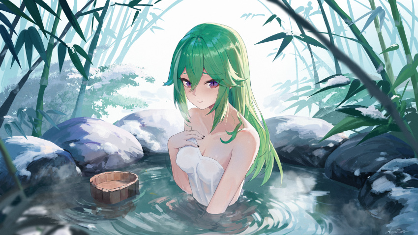 1girl absurdres alternate_hairstyle aquilar bamboo bathing black_nails blush breasts bucket collarbone commentary_request covering_privates genshin_impact green_hair hair_between_eyes hair_down highres holding holding_towel kuki_shinobu long_hair looking_at_viewer nail_polish naked_towel nature nude_cover onsen outdoors partially_submerged purple_eyes sidelocks smile solo steam towel water wet wet_towel wooden_bucket