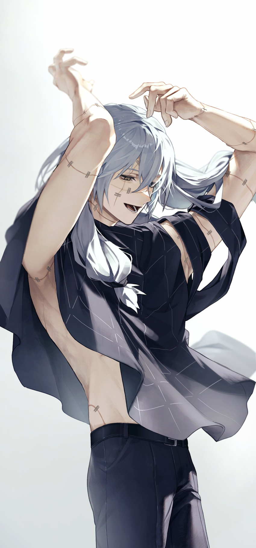 1boy absurdres air_(ai_r_) belt black_belt black_shirt blue_pants grey_hair heterochromia highres jujutsu_kaisen mahito_(jujutsu_kaisen) medium_hair pants patchwork_skin shirt simple_background smile solo stitched_arm stitched_face stitched_hand stitched_neck stitches torn_sleeve white_background