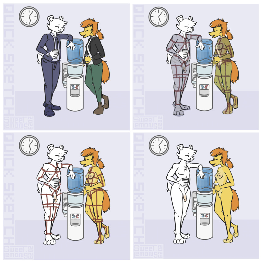 2023 absurd_res anthro bdsm bear bondage boots bound breasts business_attire business_suit businesswear canid canine canis cheek_tuft clock clothed clothing container cup dark_clothing dialogue digital_drawing_(artwork) digital_media_(artwork) digital_painting_(artwork) domestic_dog duo eyes_closed facial_tuft feet female fingers footwear fur genitals hi_res holding_container holding_cup holding_object humanoid_genitalia humanoid_penis light_body light_fur looking_at_another male mammal monotone_body monotone_fur mostly_nude necktie nipples nude open_mouth paws penis pines_(panzery25) polar_bear restraints rope rope_bondage shaded short_tail signature simple_background simple_coloring simple_eyes simple_shading suit sweet.lemons tail toes tuft ursine water white_body white_fur yellow_body yellow_fur