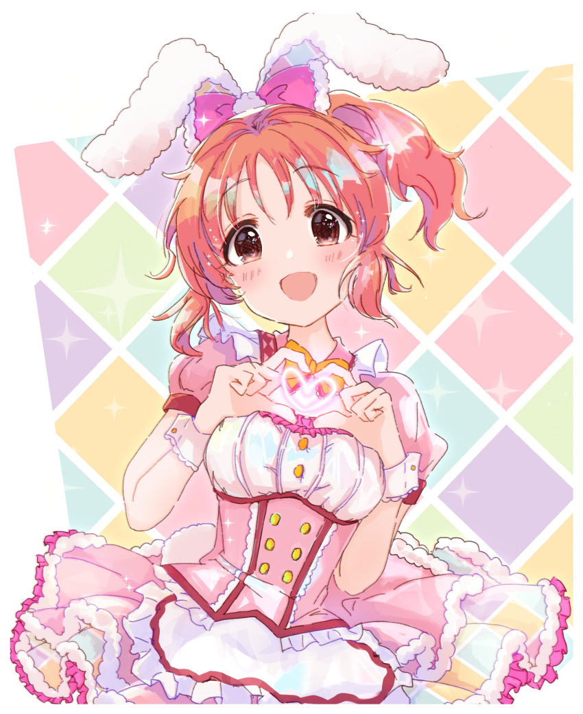 1girl abe_nana absurdres animal_ears apron blush breasts dress fake_animal_ears heart heart_hands highres idolmaster idolmaster_cinderella_girls imakooo5 multicolored_background orange_hair pink_dress ponytail puffy_short_sleeves puffy_sleeves rabbit_ears short_sleeves small_breasts smile solo sparkle waist_apron wrist_cuffs