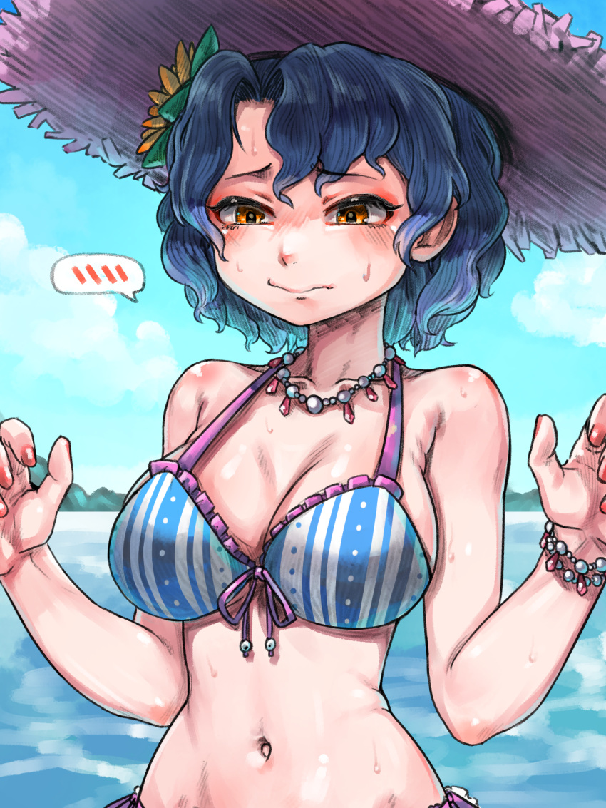 1girl bare_arms bare_shoulders bikini blue_bikini blue_hair blue_sky blush bracelet breasts cleavage closed_mouth cloud collarbone commentary day embarrassed fingernails flower frilled_bikini frills front-tie_bikini_top front-tie_top hair_flower hair_ornament halterneck hands_up hat highres hold111 idolmaster idolmaster_million_live! jewelry large_breasts looking_ahead looking_down navel necklace orange_eyes outdoors pink_headwear raised_eyebrows short_hair sky solo speech_bubble spoken_blush stomach striped striped_bikini sun_hat sweat swimsuit toyokawa_fuka upper_body water wavy_hair wavy_mouth yellow_flower