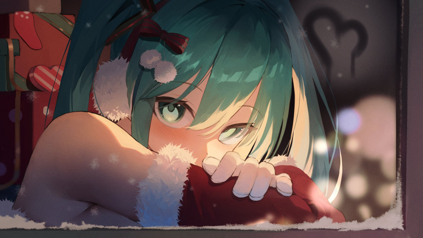 1girl aqua_eyes aqua_hair bare_shoulders blurry blush bokeh bow box christmas commentary covered_mouth depth_of_field detached_sleeves from_outside fur-trimmed_sleeves fur_trim gift gift_box gloves hair_between_eyes hair_bow hair_ornament hatsune_miku heart highres long_sleeves looking_at_viewer looking_outside portrait red_bow red_sleeves shun'ya_(daisharin36) snow solo vocaloid white_gloves window winter