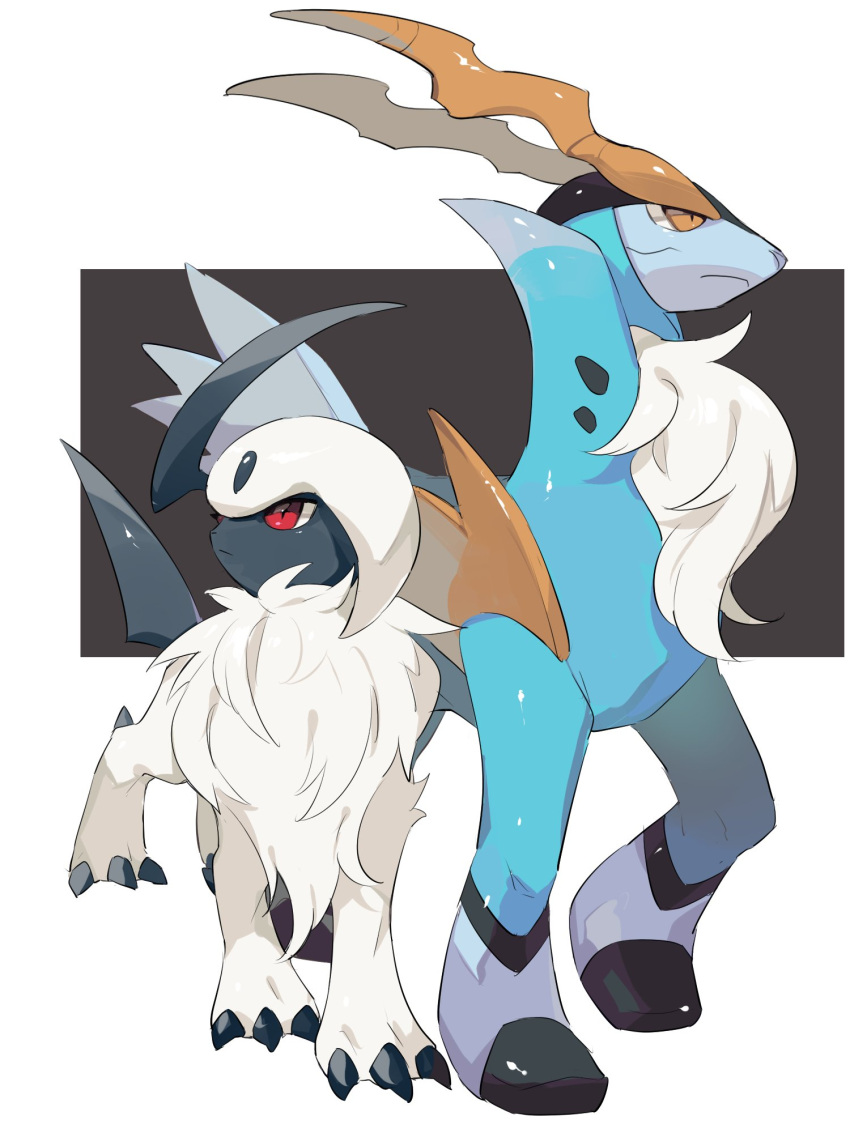 absol animal_focus antlers black_background claws cobalion commentary_request fluffy full_body hideko_(l33l3b) highres leg_up looking_to_the_side no_humans pokemon pokemon_(creature) red_eyes simple_background standing walking white_fur yellow_eyes