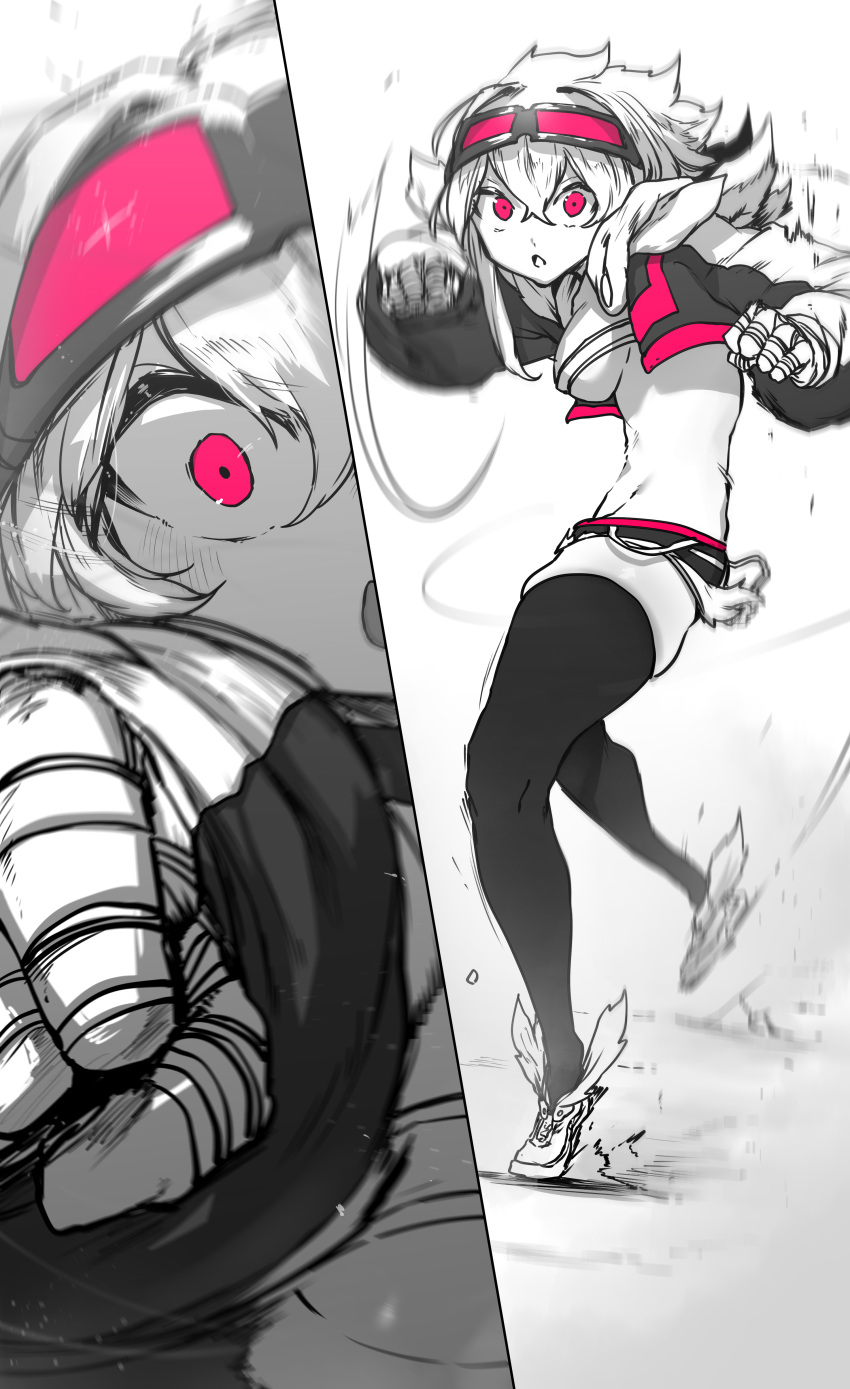 1girl :o absurdres bandaged_hand bandages black_jacket black_shorts black_thighhighs blurry boxing breasts cleavage close-up cropped_jacket curvy depth_of_field detailed_knuckles exercise fighting_stance goggles goggles_on_head greyscale highres jacket light_blush long_bangs long_sleeves messy_hair midriff monochrome multiple_views navel niwamaru_(niwarhythm) niwarhythm original pants pink_eyes pink_trim pov punching shaded_face shadow shiny_skin shockwave short_hair short_shorts shorts solo spot_color standing strapless thick_thighs thighhighs thighs toned torn_clothes torn_pants tube_top underboob white_background white_footwear white_hair