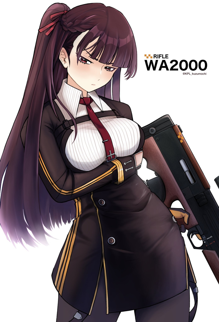 1girl artist_name black_gloves black_pantyhose braid breast_hold breasts bullpup character_name commentary_request cowboy_shot french_braid girls'_frontline gloves gun hair_ribbon highres holding holding_gun holding_weapon kpl_kuzumochi long_hair looking_at_viewer necktie one_side_up pantyhose purple_hair red_eyes red_necktie ribbon rifle sniper_rifle solo two-tone_gloves wa2000_(girls'_frontline) walther walther_wa_2000 weapon white_background yellow_gloves