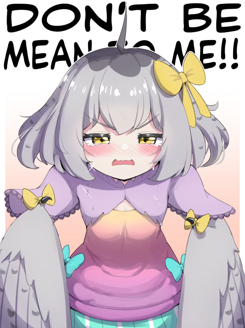 1girl ahoge blush bow claw_ribbon claws clothing_request commentary crying crying_with_eyes_open english_commentary english_text feathered_wings grey_feathers grey_hair grey_wings hair_bow harpy highres looking_at_viewer medium_hair mono_(sifserf) monster_girl open_mouth original owl_girl ribbon sifserf solo tears winged_arms wings yellow_eyes yellow_ribbon