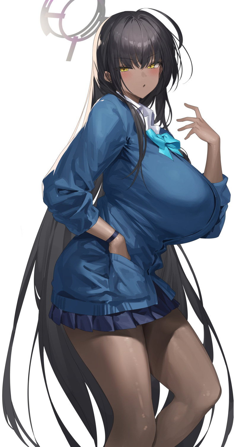 1girl :o absurdres ahoge black_hair black_wristband blue_archive blue_bow blue_bowtie blue_cardigan blue_skirt blush bow bowtie breasts cardigan collared_shirt dark-skinned_female dark_skin hair_between_eyes halo hand_in_pocket hand_up highres huge_breasts karin_(blue_archive) long_hair looking_at_viewer pleated_skirt purple_halo school_uniform shirt skirt solo thighs very_long_hair white_background white_shirt yamanokami_eaka yellow_eyes