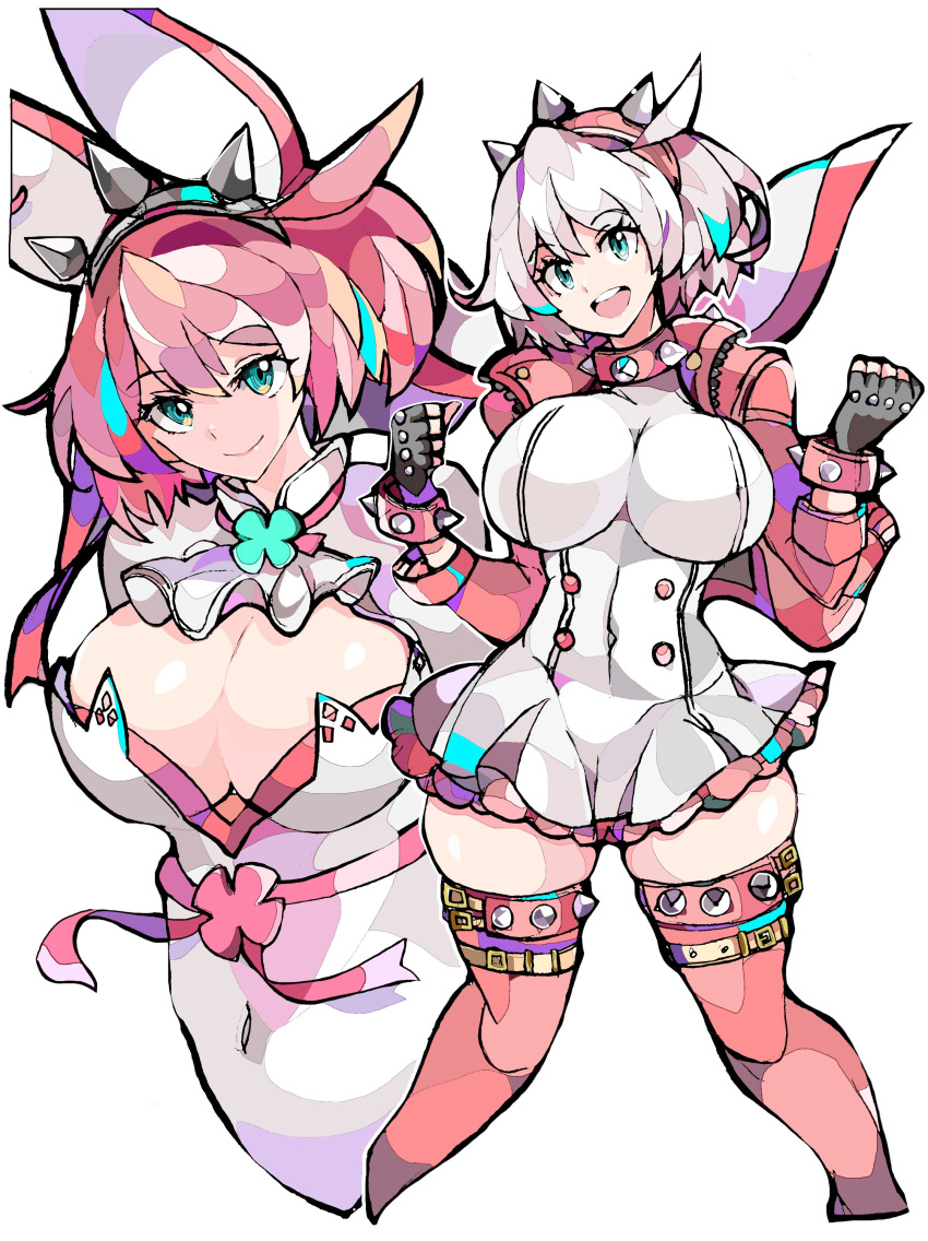 1girl absurdres ahoge animal_ears ascot blue_eyes bracelet breasts bridal_veil cleavage_cutout clothing_cutout clover collar dress elphelt_valentine enpe four-leaf_clover frilled_dress frills green_eyes guilty_gear guilty_gear_strive guilty_gear_xrd hairband highres huge_ahoge jacket jewelry large_breasts long_sleeves looking_at_viewer open_mouth pink_footwear pink_hair pink_jacket short_hair smile spiked_bracelet spiked_collar spiked_hairband spikes veil wedding_dress white_ascot white_dress white_hair