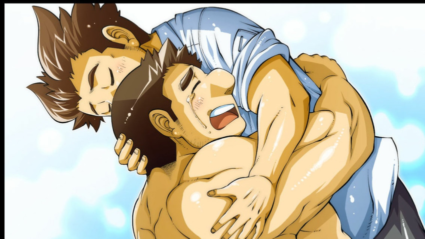 2boys bara black_border blue_background bombom border brown_hair closed_eyes collared_shirt crying game_cg holding hug long_sideburns male_focus multiple_boys muscular muscular_male official_art open_mouth outline shirt short_hair shoukan_yuusha_to_f-kei_kareshi sideburns sideburns_stubble sleeves_rolled_up tears teeth thick_eyebrows upper_body upper_teeth_only white_outline white_shirt