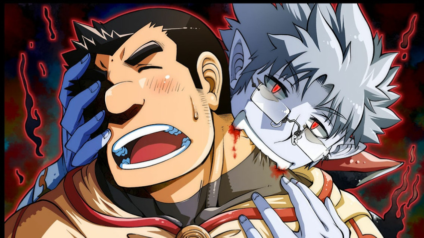2boys bara biting black_bodysuit black_border blood blue_skin bodysuit bombom border closed_eyes colored_skin facial_mark forehead_mark game_cg glasses grey_hair looking_at_viewer male_focus multiple_boys neck_biting official_art open_mouth outline pointy_ears progenitor_(f-kare) red_eyes red_outline rimless_eyewear short_hair shoukan_yuusha_to_f-kei_kareshi sol_(f-kare) sweatdrop thick_eyebrows upper_body vampire